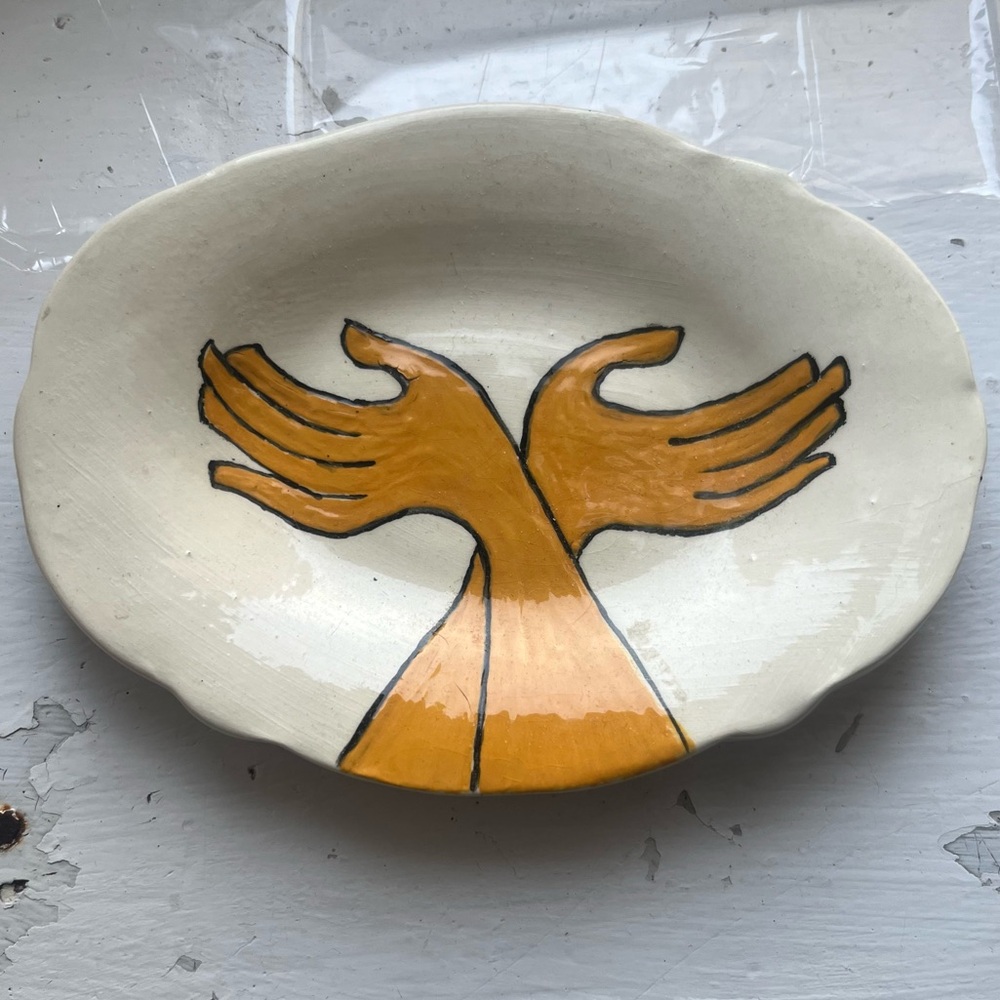 Handmade White Yellow Ceramic Hands Figurative Decorative Dish